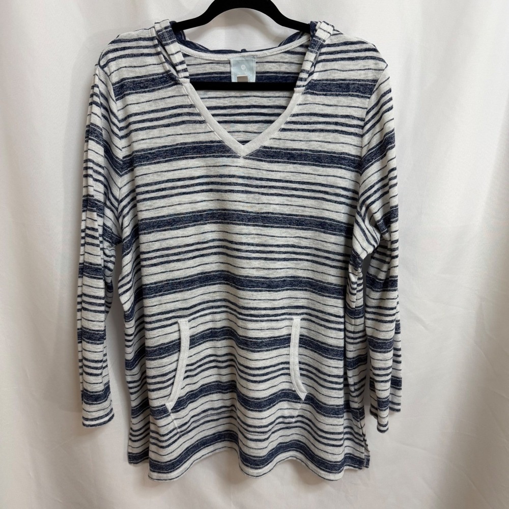 Sunday Navy Striped Hoodie Tunic Top Womens 2X V Neck Kangaroo Pocket‎ Pullover